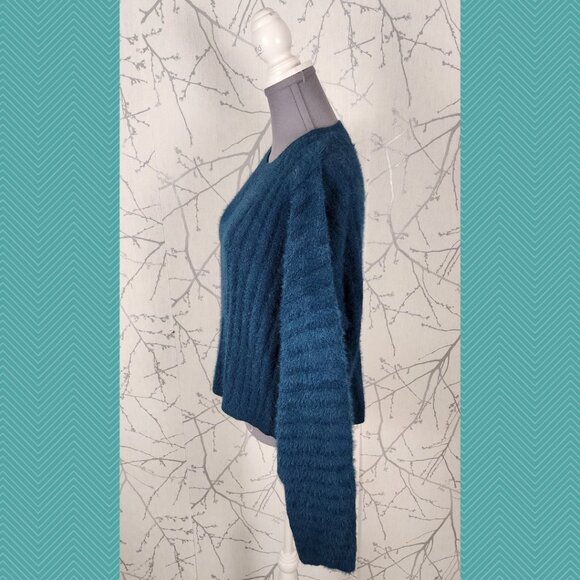 Oak + Fort Emerald Blue Fuzzy Knit Faux Fur Ribbed Crewneck Sweater - Picture 2 of 4